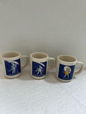 Morton Salt Coffee Cup Mugs (3) 1914 1921 1956 When It Rains It Pours Umbrella